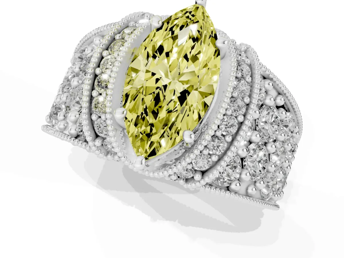 Fancy Yellow Marquise Cut Halo Pave Diamond Engagement Ring with Milgrain Detailing Platinum