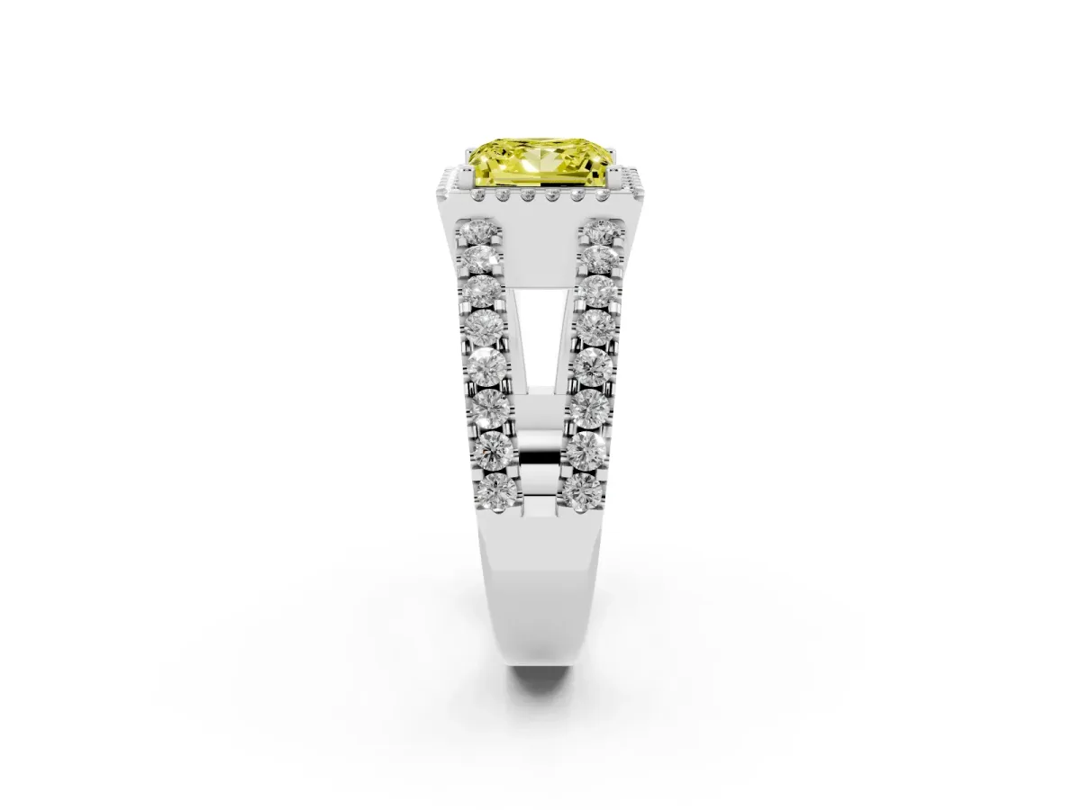 Fancy Yellow Princess Cut Cut Halo Split Shank Diamond Ring with Four-Prong Setting Silver
