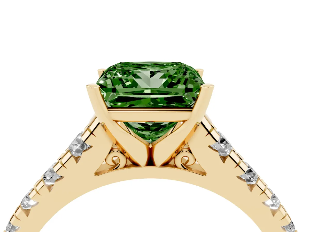 Fancy Green Princess Cut Diamond Cathedral Solitaire Ring with Round Pavé Band Yellow gold