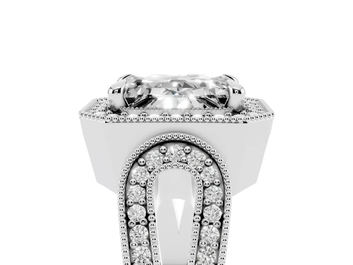 Emerald Cut Halo Split Shank Milgrain Diamond Ring Platinum