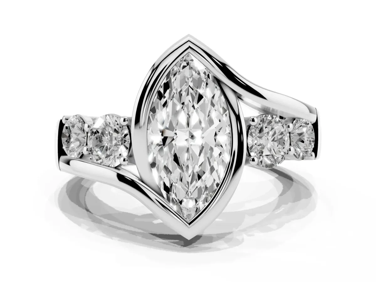 Bezel Set Marquise Cut Diamond Bypass Ring with Round Accents Silver