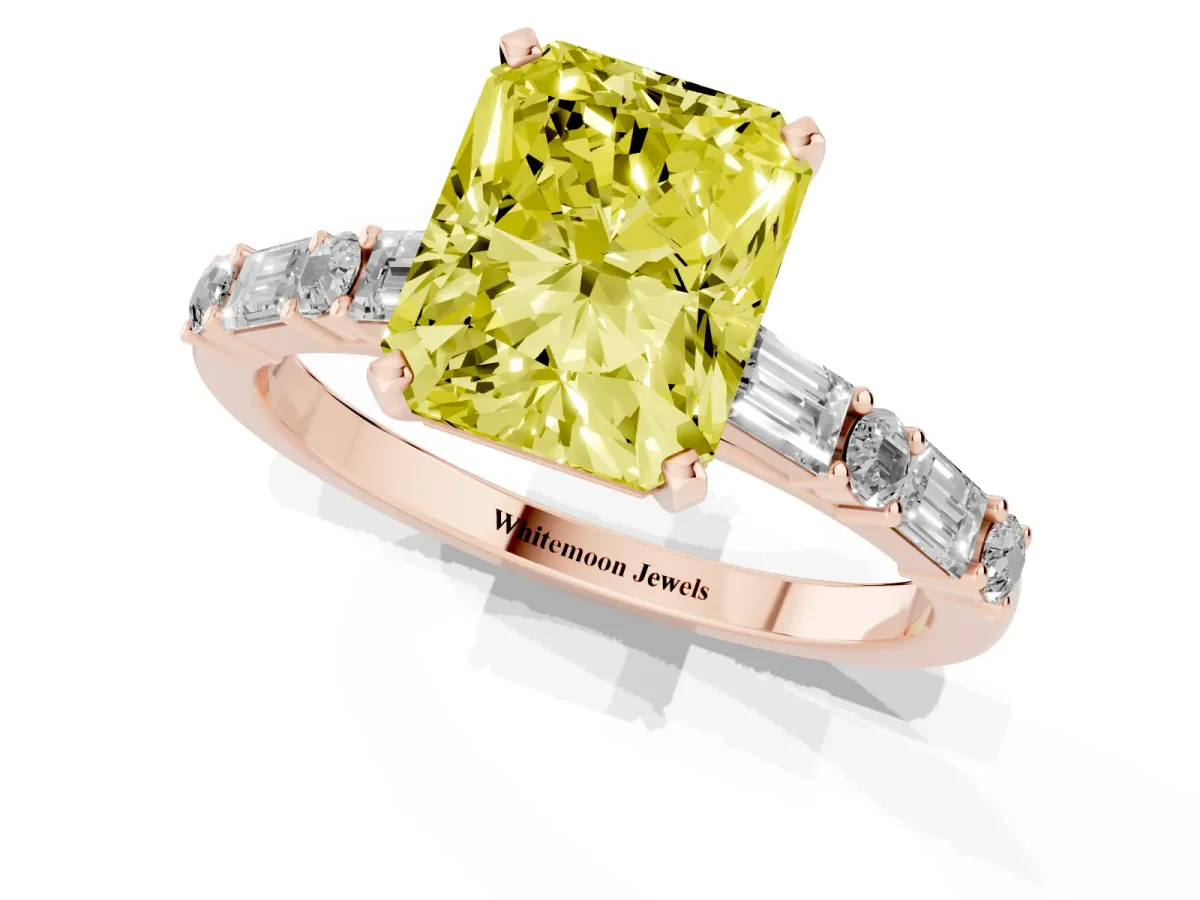 Fancy Yellow Radiant Cut Diamond Solitaire with Side Baguettes and Channel Set Band Rose gold