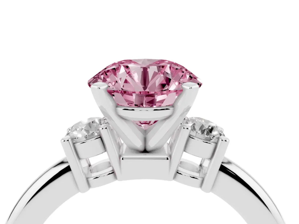 Fancy Pink Three-Stone Round Cut Cut Diamond Solitaire with Prong Setting and Classic Band Silver