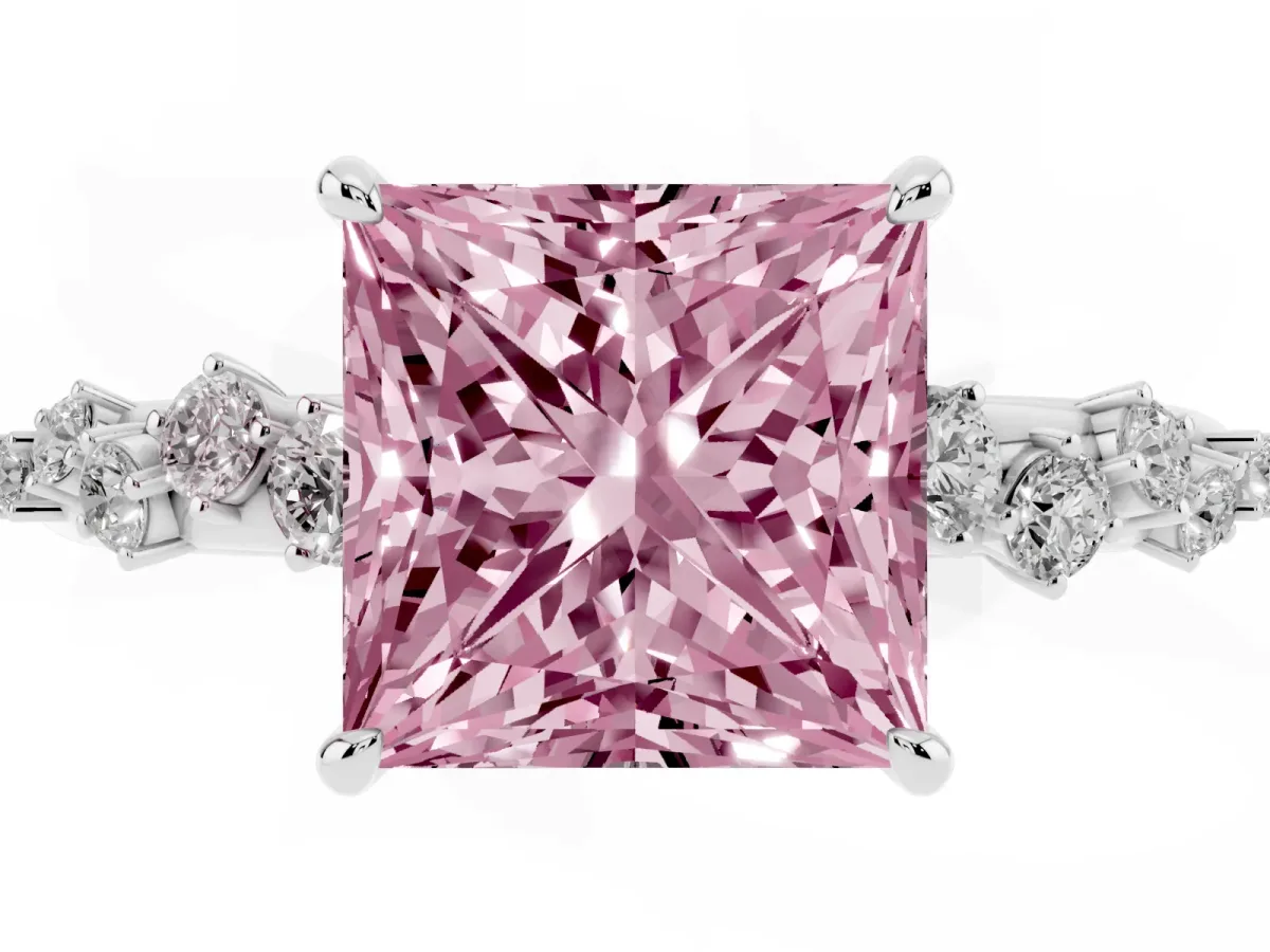 Fancy Pink Princess Cut Diamond Cluster Prong-Set Solitaire Ring White gold