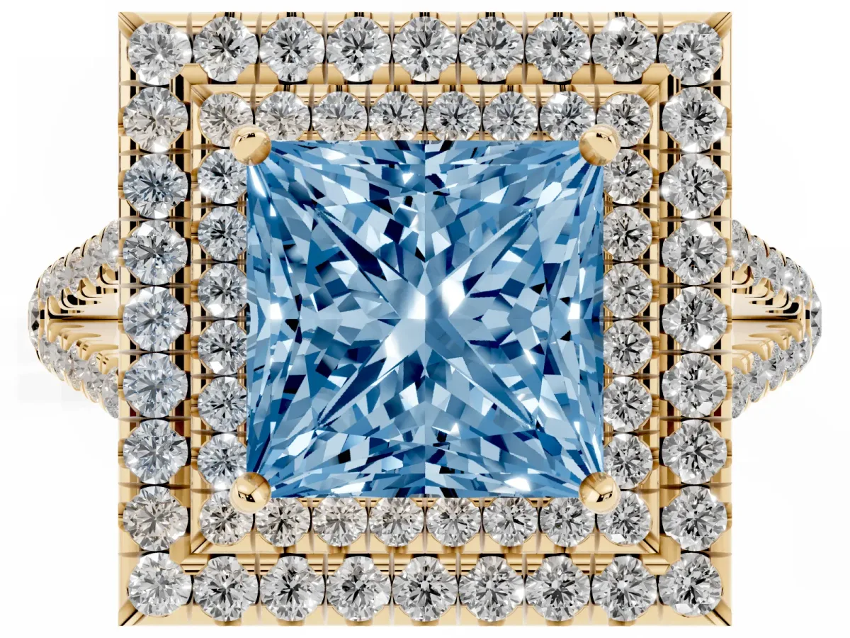 Fancy Blue Princess Cut Diamond Double Halo Ring with Pavé Band and Prong Setting Yellow gold