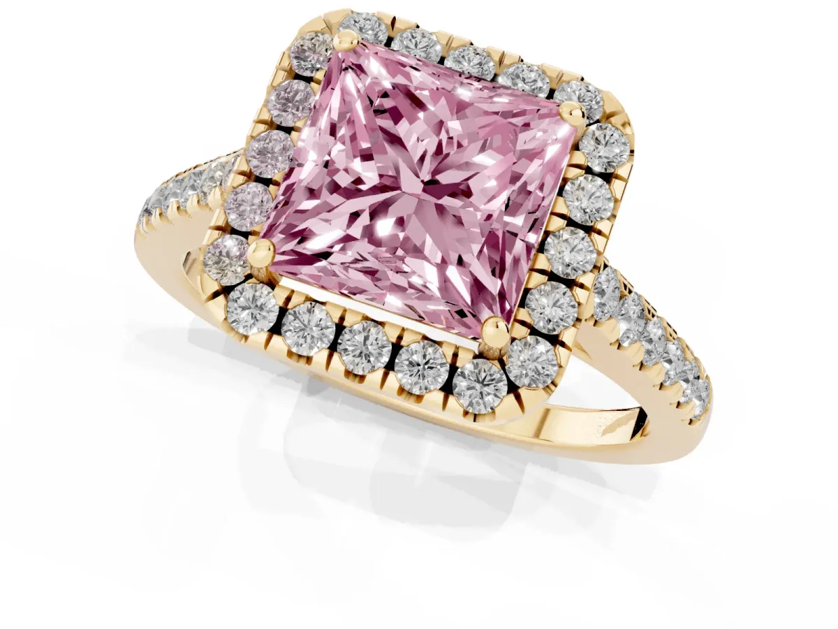 Fancy Pink Princess Cut Halo Pave Diamond Engagement Ring with Four-Prong Setting Yellow gold