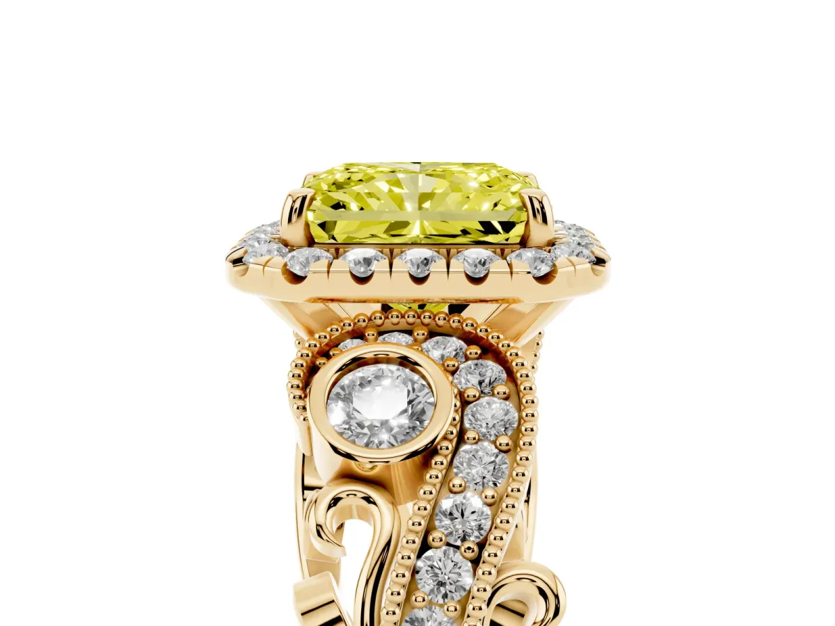 Fancy Yellow Radiant Cut Halo Diamond Ring with Milgrain and Bezel Accents on a Split Shank Band Yellow gold