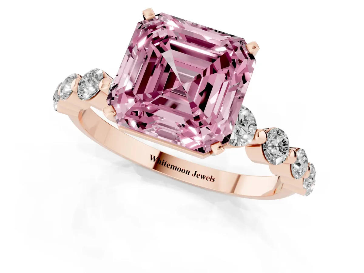 Fancy Pink Asscher Cut Solitaire Diamond Ring with Pave Band and Four-Prong Setting Rose gold
