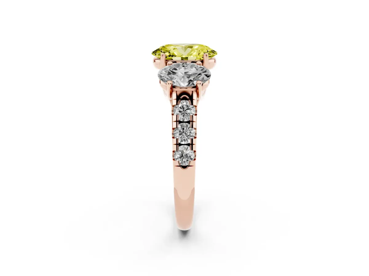 Fancy Yellow Three-Stone Oval Cut Diamond Pavé Band with Prong Setting Rose gold