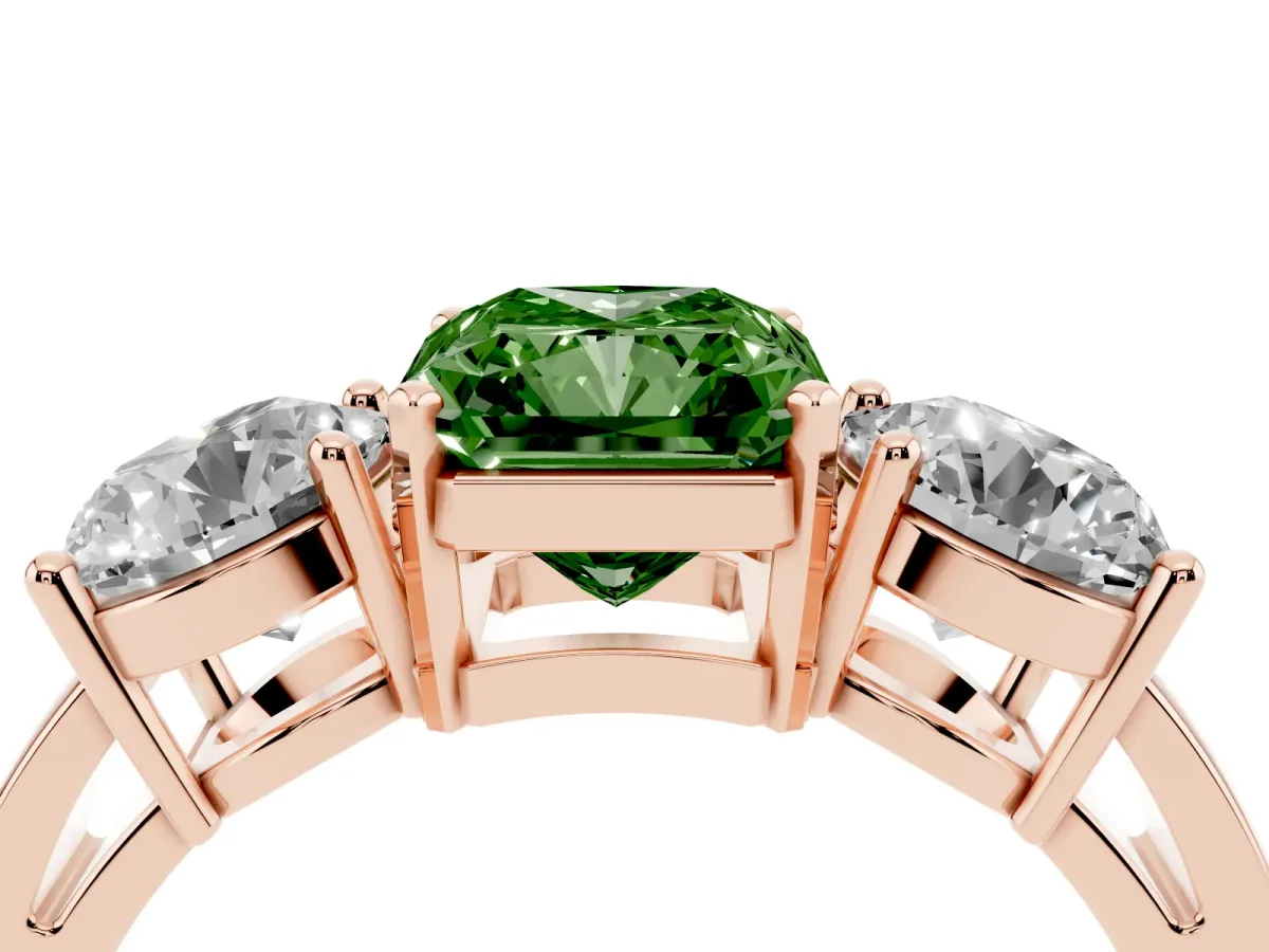 Fancy Green Three-Stone Radiant Cut Diamond Ring with Round Side Stones, Classic Band, and Four-Prong Setting Rose gold