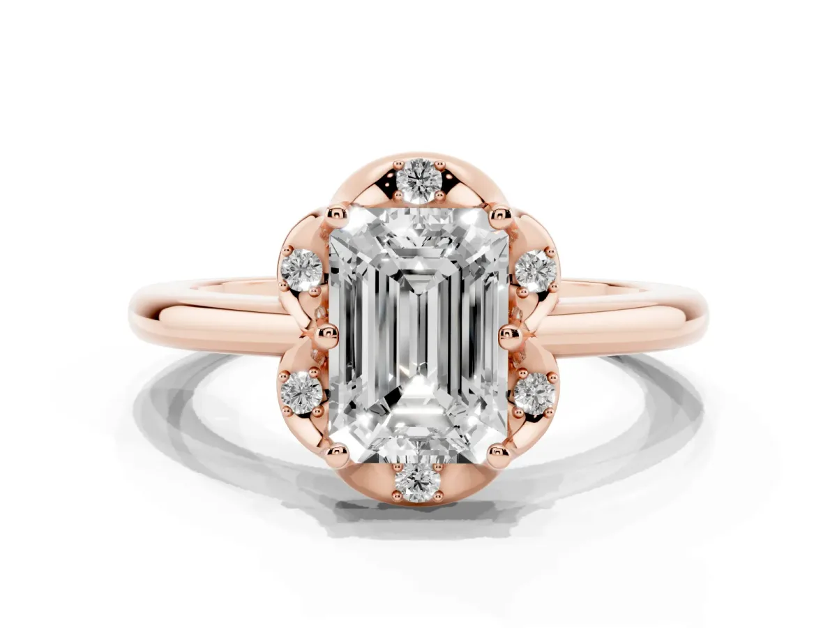Emerald Cut Halo Diamond Ring with Round Cluster Setting, Solitaire Band, and Four-Prong Setting Rose gold