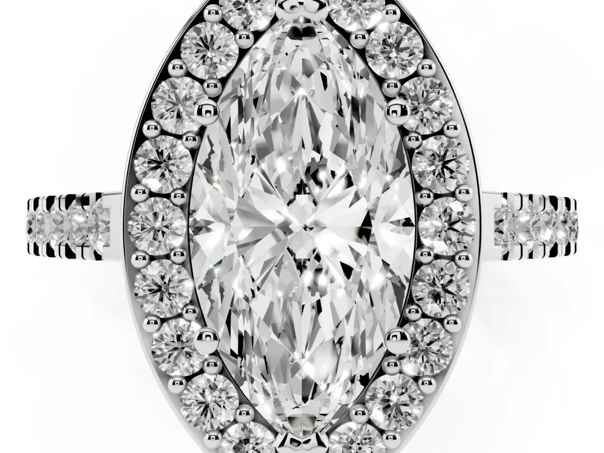 Marquise Cut Diamond Halo Ring with Round Pavé Split Shank and Prong Setting Silver