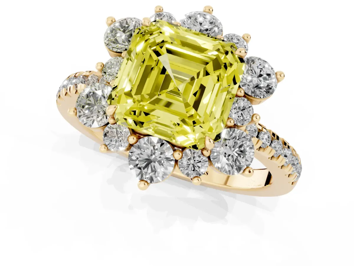 Fancy Yellow Asscher Cut Diamond Floral Halo Ring with Round Pavé Band and Prong Setting Yellow gold