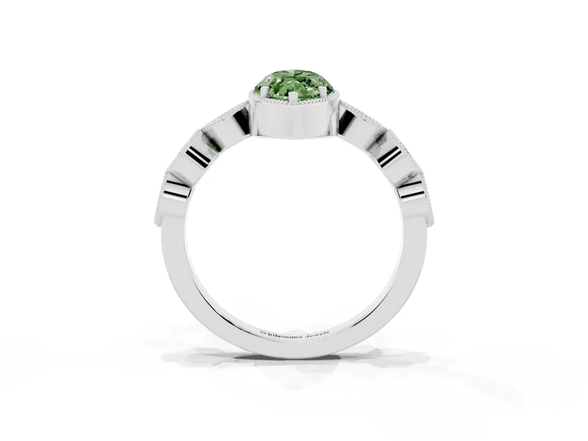 Fancy Green Marquise Cut Diamond Vintage Milgrain Ring with Round Stations Silver