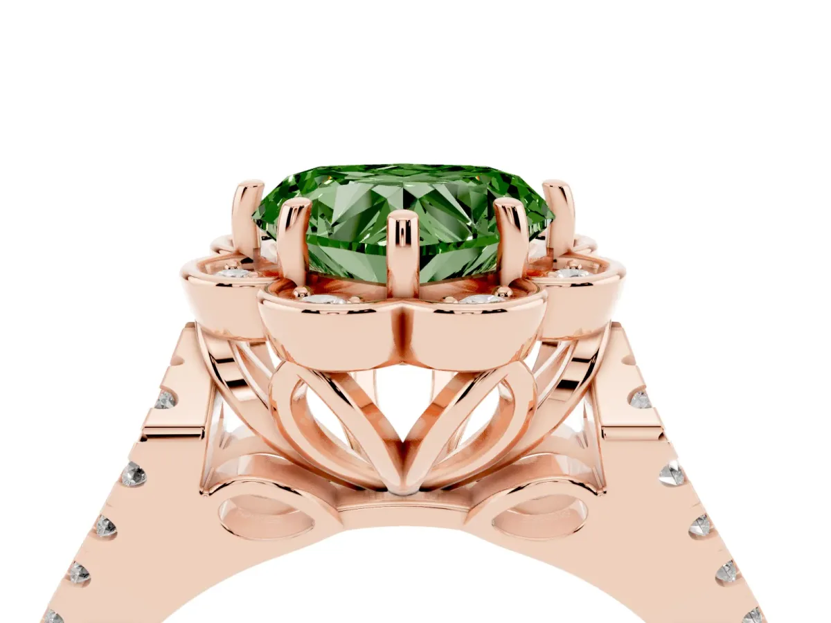Fancy Green Heart Cut Halo Diamond Floral Split Shank Engagement Ring Rose gold