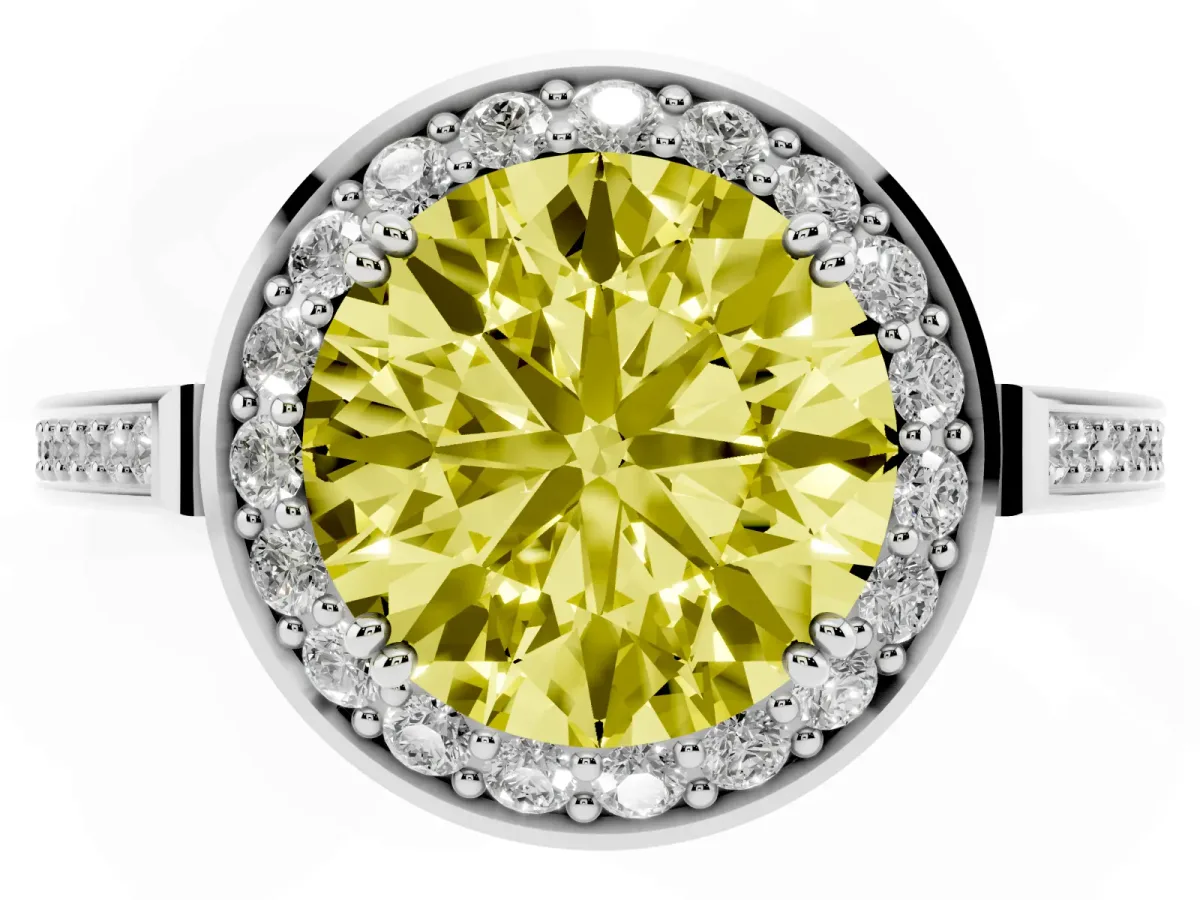 Fancy Yellow Round Cut Diamond Halo Ring with Split Shank and Four-Prong Setting Silver