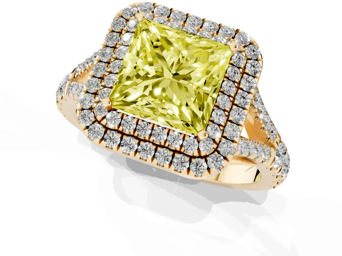 Fancy Yellow Princess Cut Diamond Double Halo Ring with Split Shank and Prong Setting Yellow gold