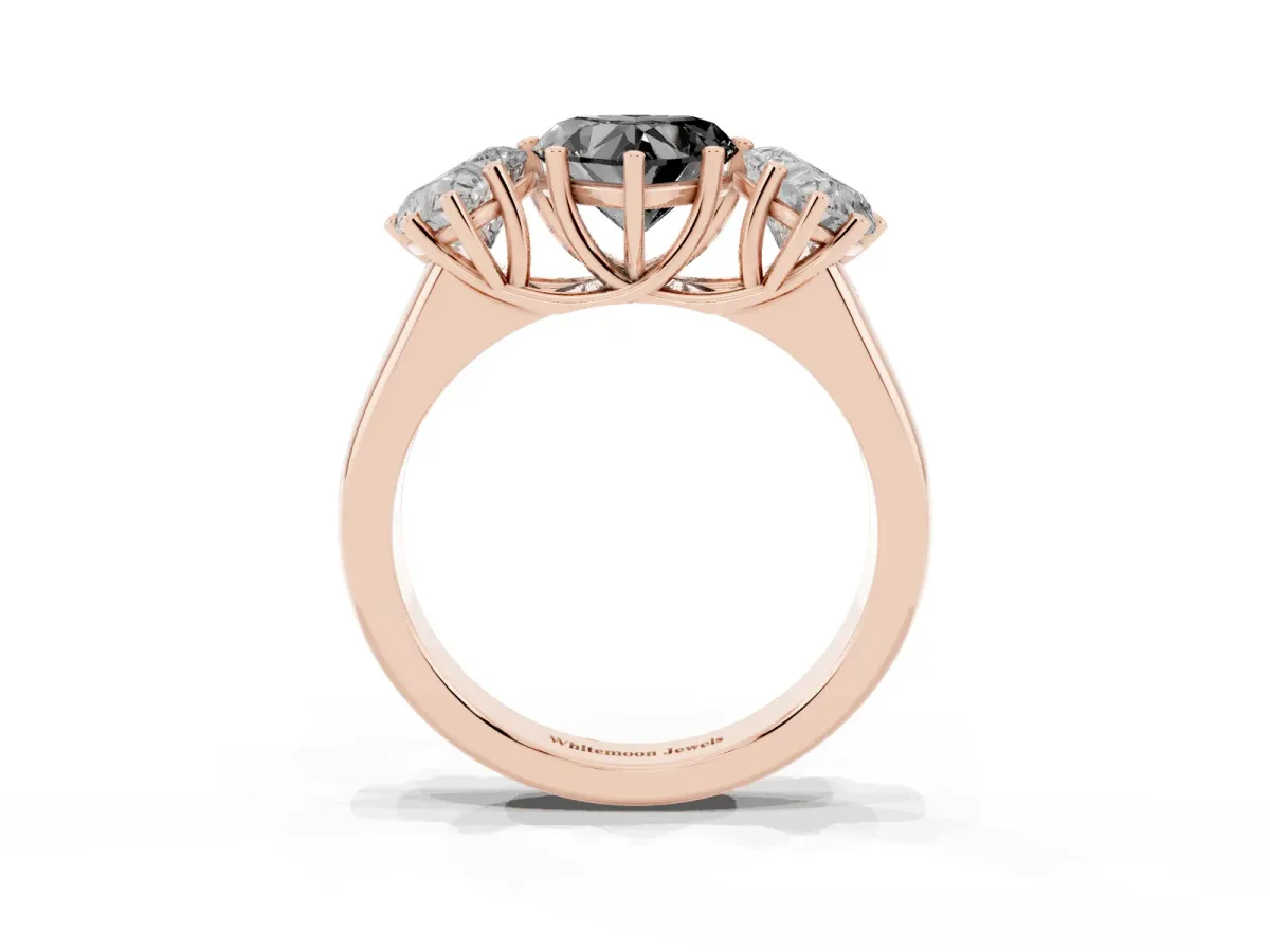 Fancy Black Heart Cut Three-Stone Diamond Ring with Prong Setting on a Classic Band Rose gold