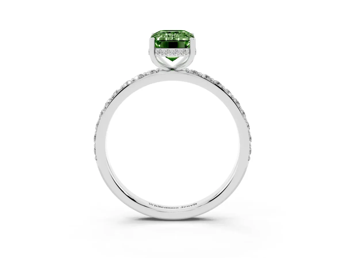 Fancy Green Emerald Cut Diamond Solitaire Ring with Pavé Band and Hidden Halo Silver