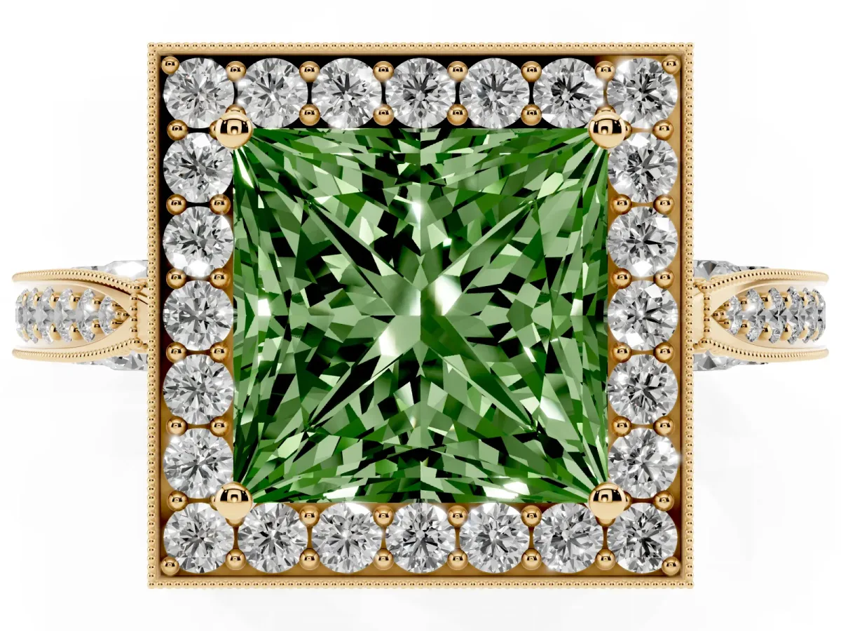Fancy Green Princess Cut Halo Diamond Engagement Ring with Split Shank Band and Four-Prong Setting Yellow gold