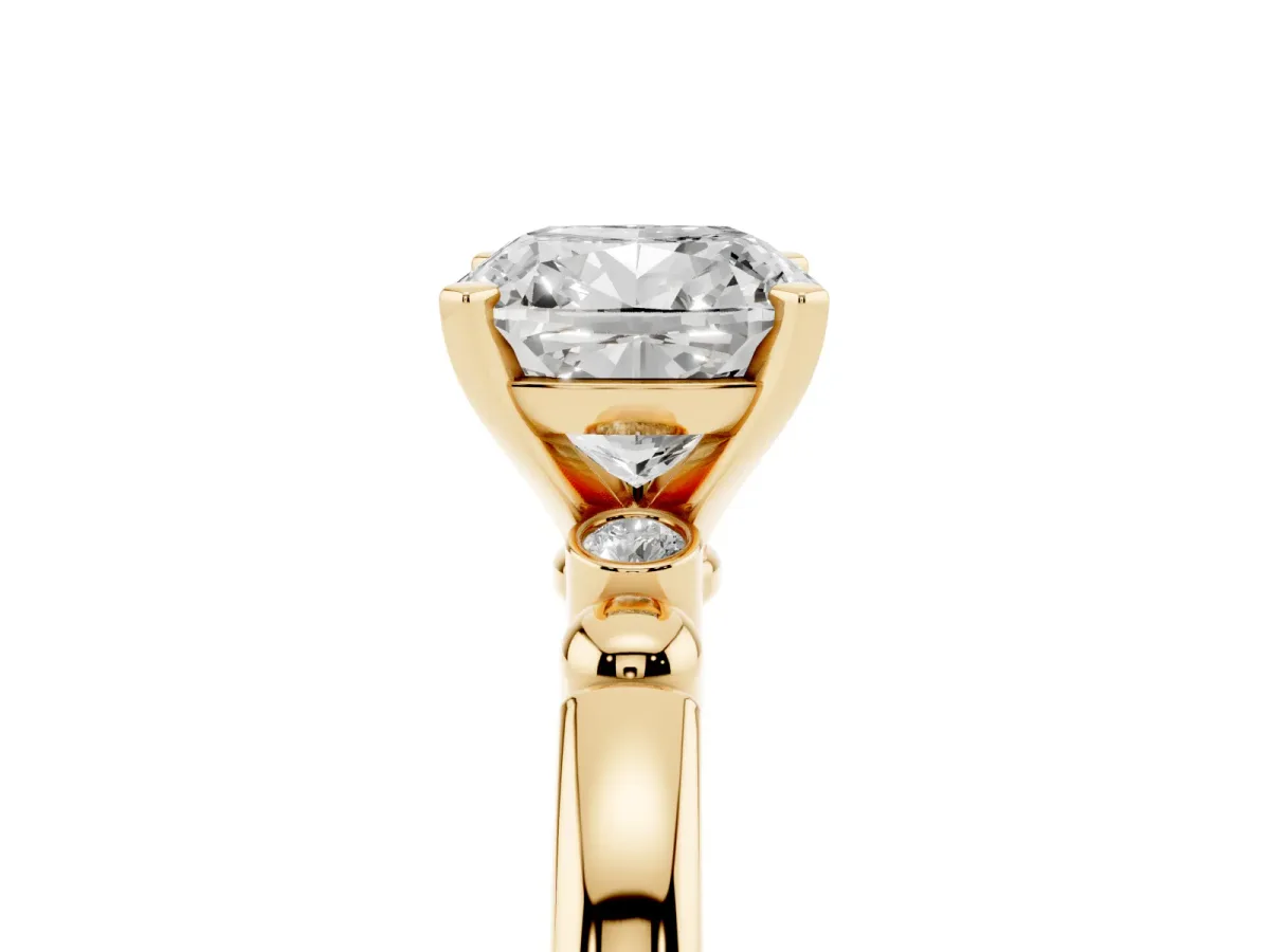 Cushion Cut Solitaire Beaded Band with Four-Prong Setting Yellow gold