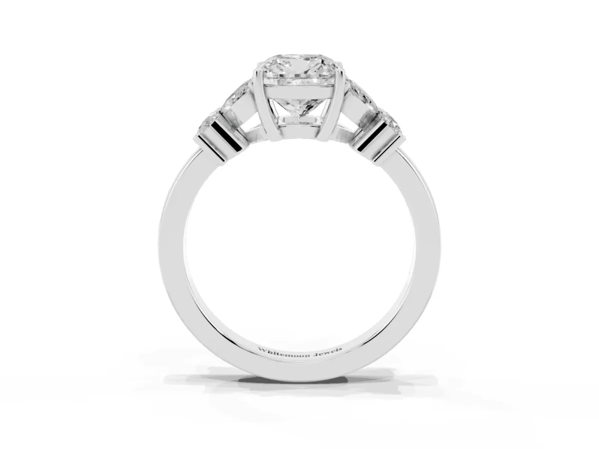 Cushion Cut Diamond Floral Cluster Ring with Solitaire Band and Prong Setting Silver