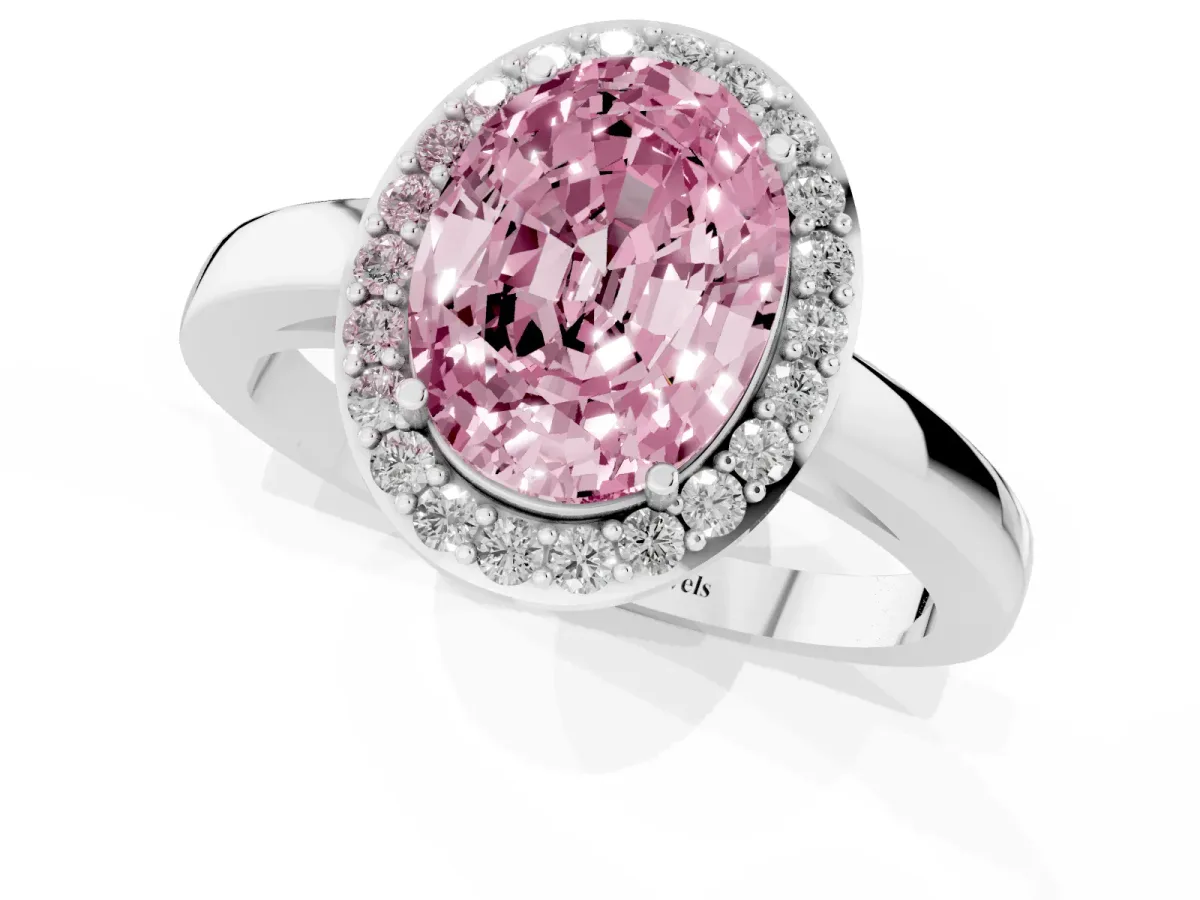 Fancy Pink Oval Cut Halo Diamond Ring with Solitaire Band and Prong Setting Silver