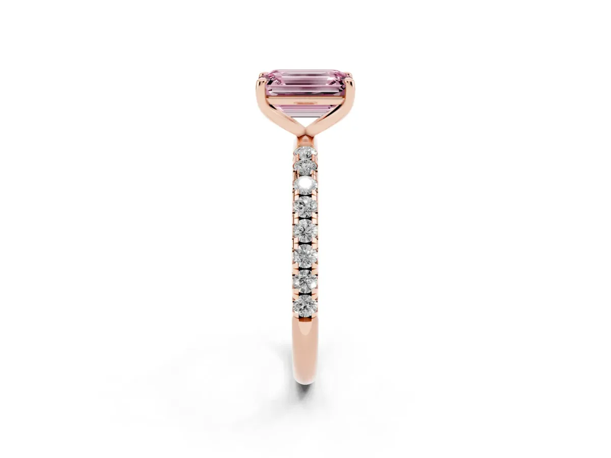 Fancy Pink Emerald Cut Cut Diamond Solitaire Ring with Micro Pave Band and Four Prong Setting Rose gold
