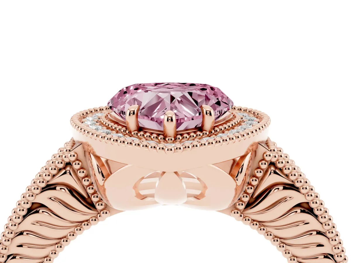 Fancy Pink Heart Cut Cut Halo Diamond Ring with Pavé Band and Four-Prong Setting Rose gold