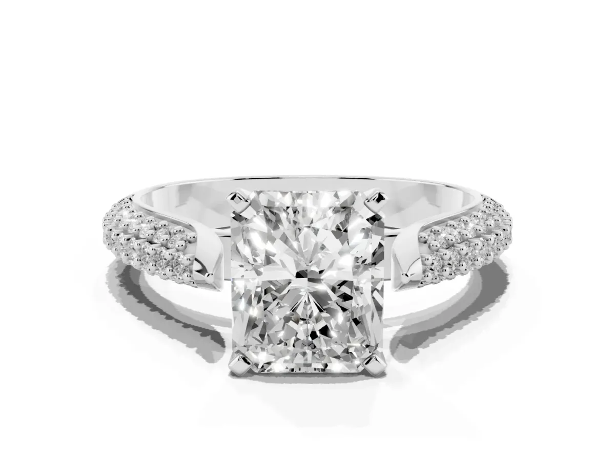 Radiant Cut Diamond Solitaire Engagement Ring with Multi-Row Round Pavé Band and Prong Setting Platinum
