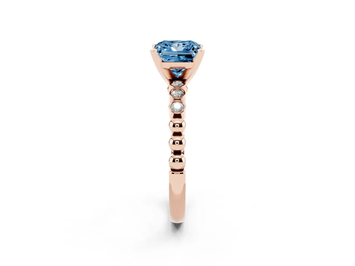 Fancy Blue Princess Cut Solitaire Bezel Accent Diamond Engagement Ring with Beaded Band and Four-Prong Setting Rose gold