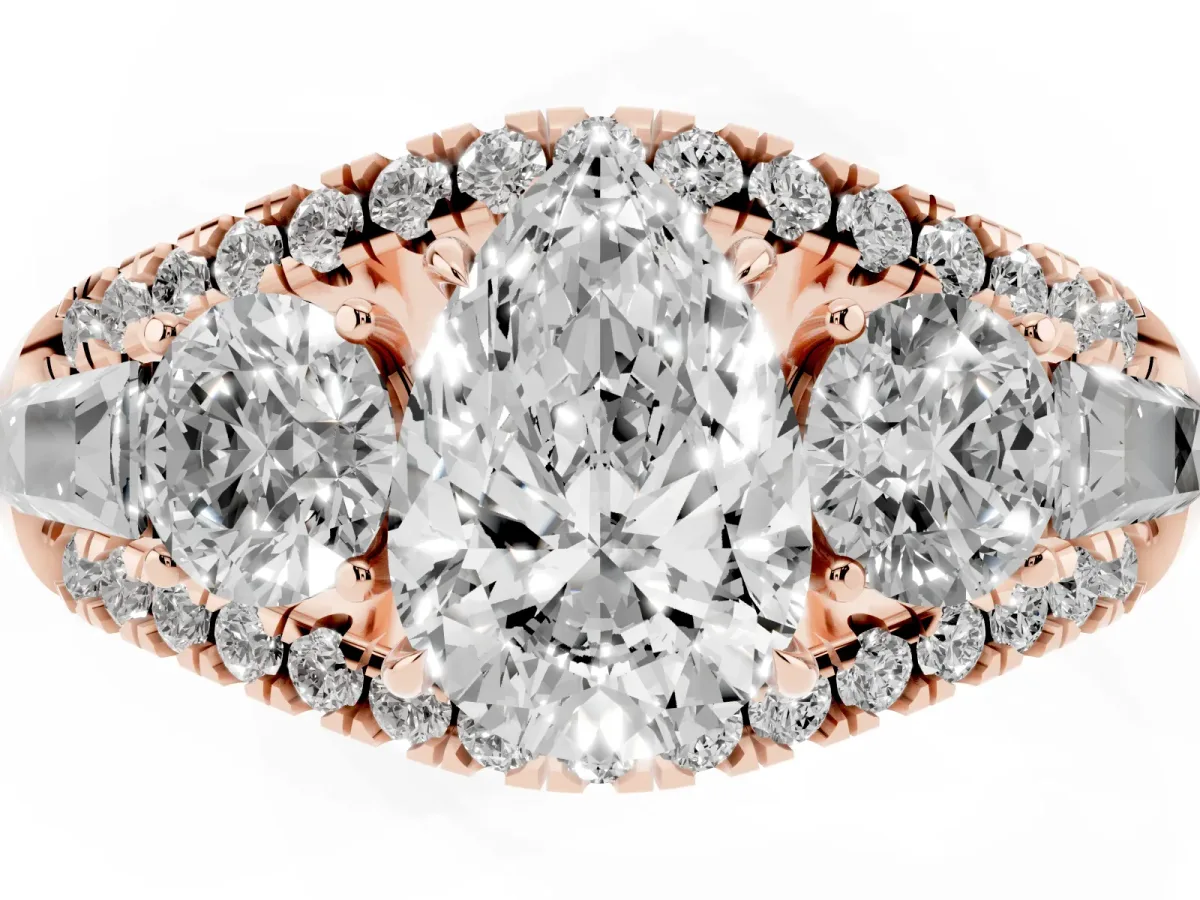 Three-Stone Pear Cut Diamond Engagement Ring with Pave Band and Prong Setting Rose gold