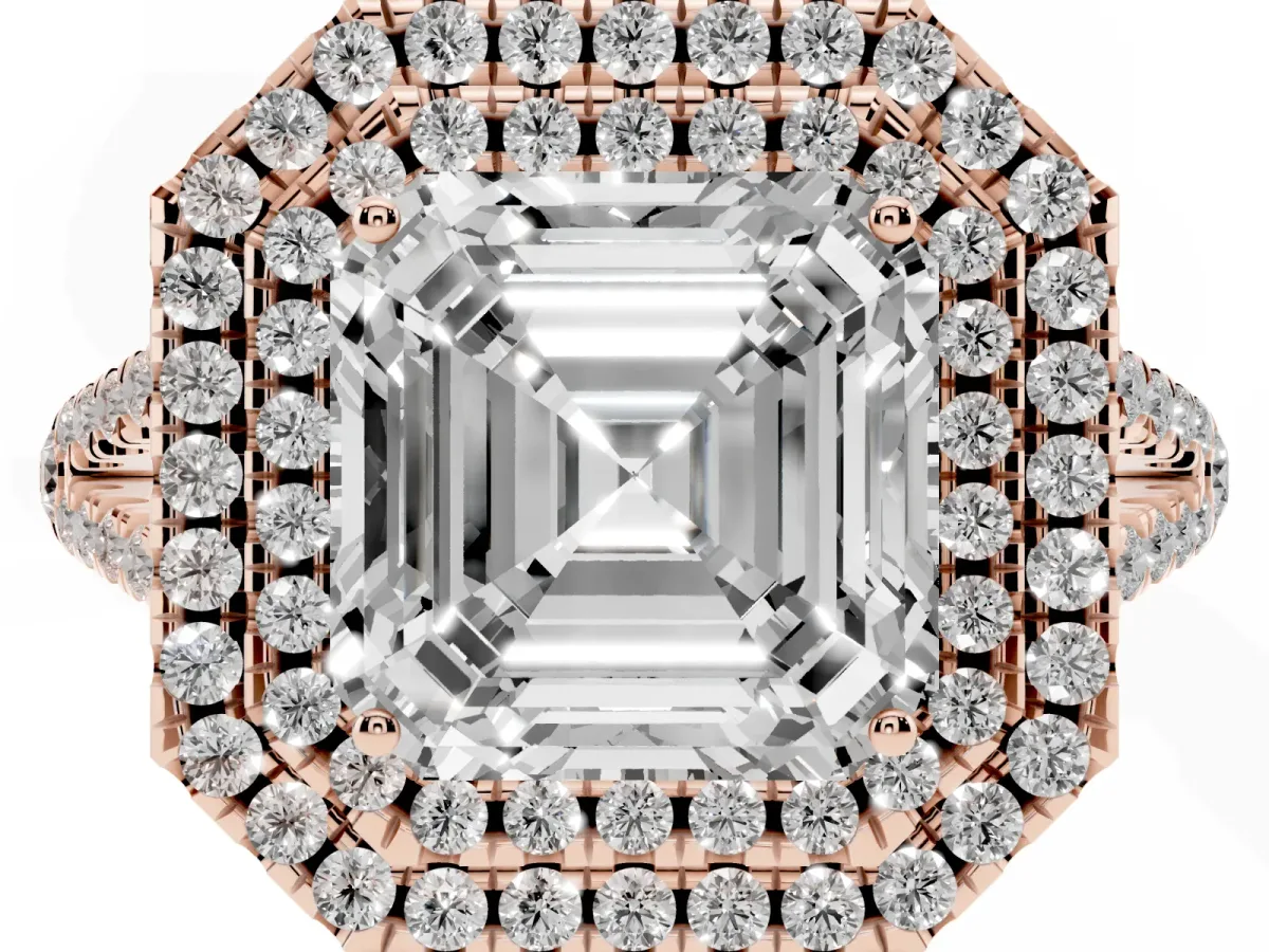 Asscher Cut Diamond Double Halo Ring with Pavé Band and Prong Setting Rose gold
