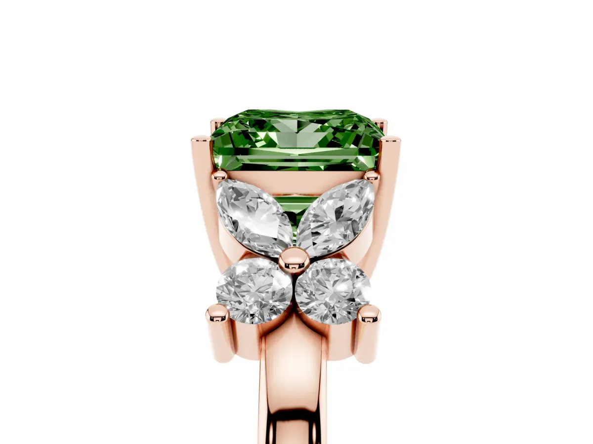 Fancy Green Princess Cut Diamond Floral Cluster Ring with Solitaire Band and Prong Setting Rose gold