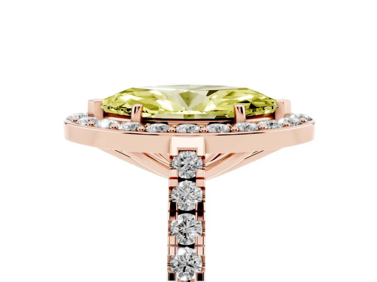 Fancy Yellow Marquise Cut Diamond Halo Ring with Round Pavé Split Shank and Prong Setting Rose gold