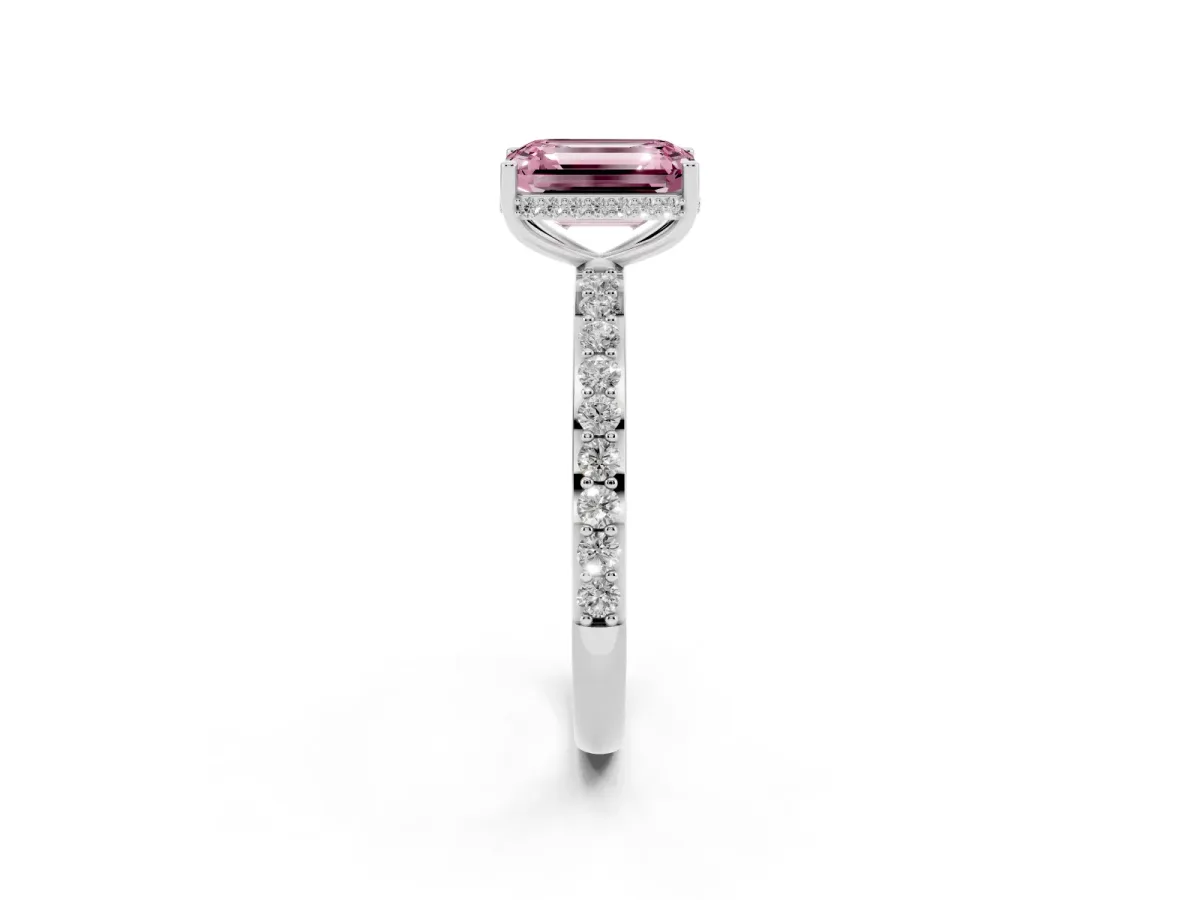 Fancy Pink Emerald Cut Diamond Solitaire Ring with Pavé Band and Hidden Halo Silver