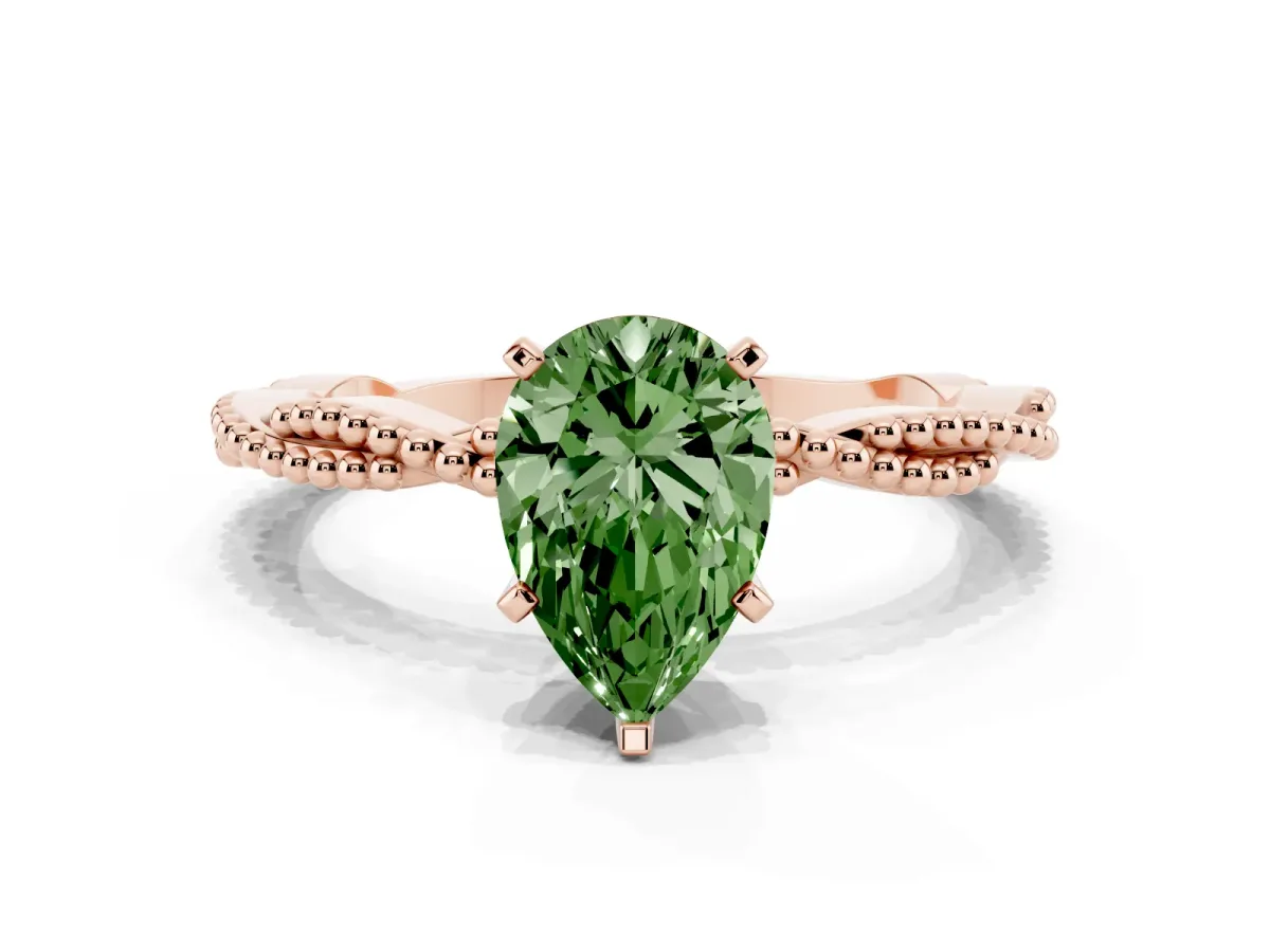 Fancy Green Pear Cut Solitaire Twisted Band with Bead Prong Setting Rose gold