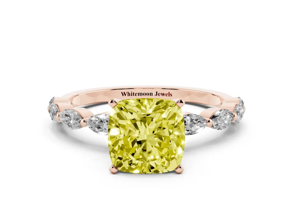 Fancy Yellow Cushion Cut Diamond Ring with Marquise Side Stones and Prong Setting Rose gold