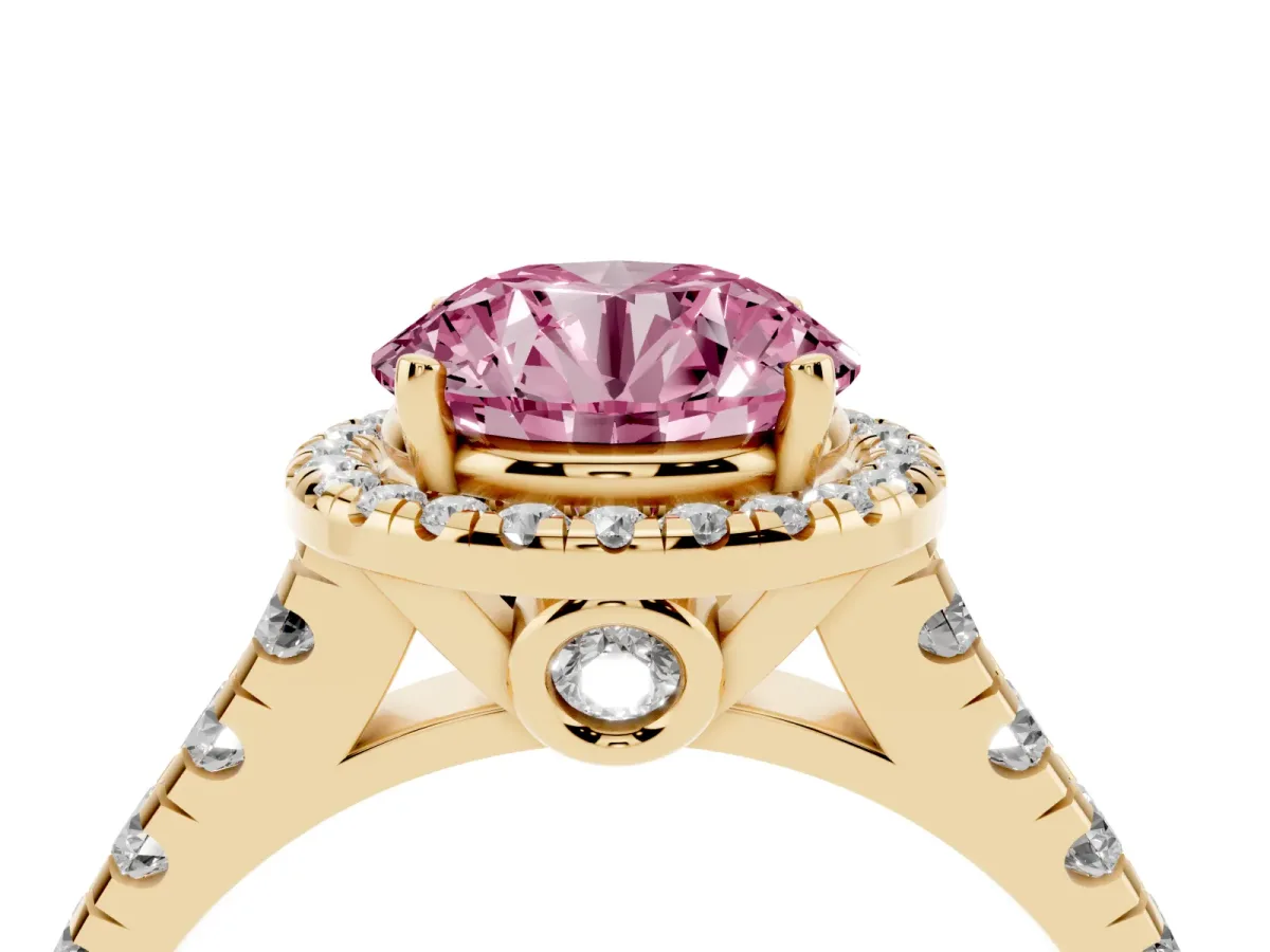 Fancy Pink Round Cut Halo Pavé Diamond Engagement Ring with Four-Prong Setting Yellow gold