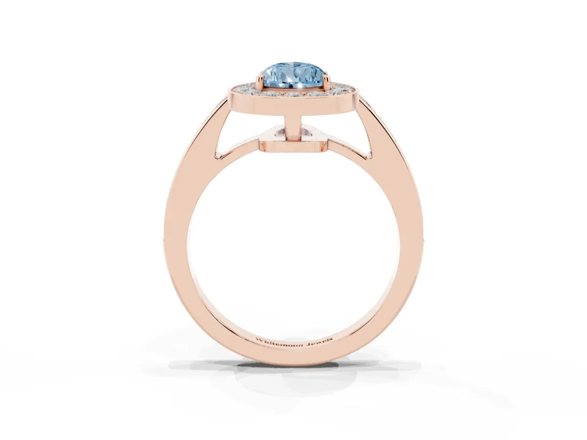 Fancy Blue Pear Cut Halo Pavé Diamond Engagement Ring with Bezel Setting Rose gold