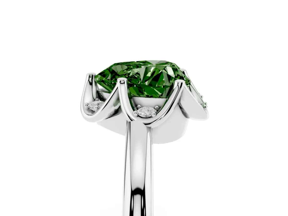 Fancy Green Heart Cut Halo Diamond Ring with Round Cluster Setting, Solitaire Band, and Four-Prong Setting Silver
