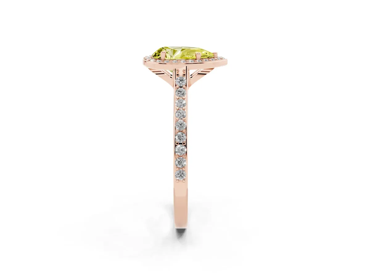 Fancy Yellow Pear Cut Diamond Halo Engagement Ring with Round Pavé Shoulders and Prong Setting Rose gold