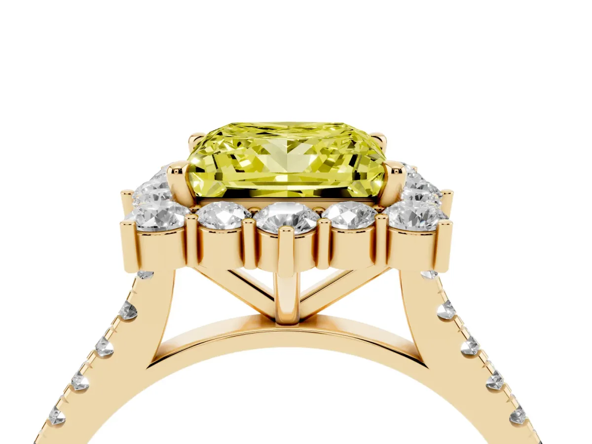 Fancy Yellow Princess Cut Halo Diamond Ring with Pavé Band and Prong Setting Yellow gold