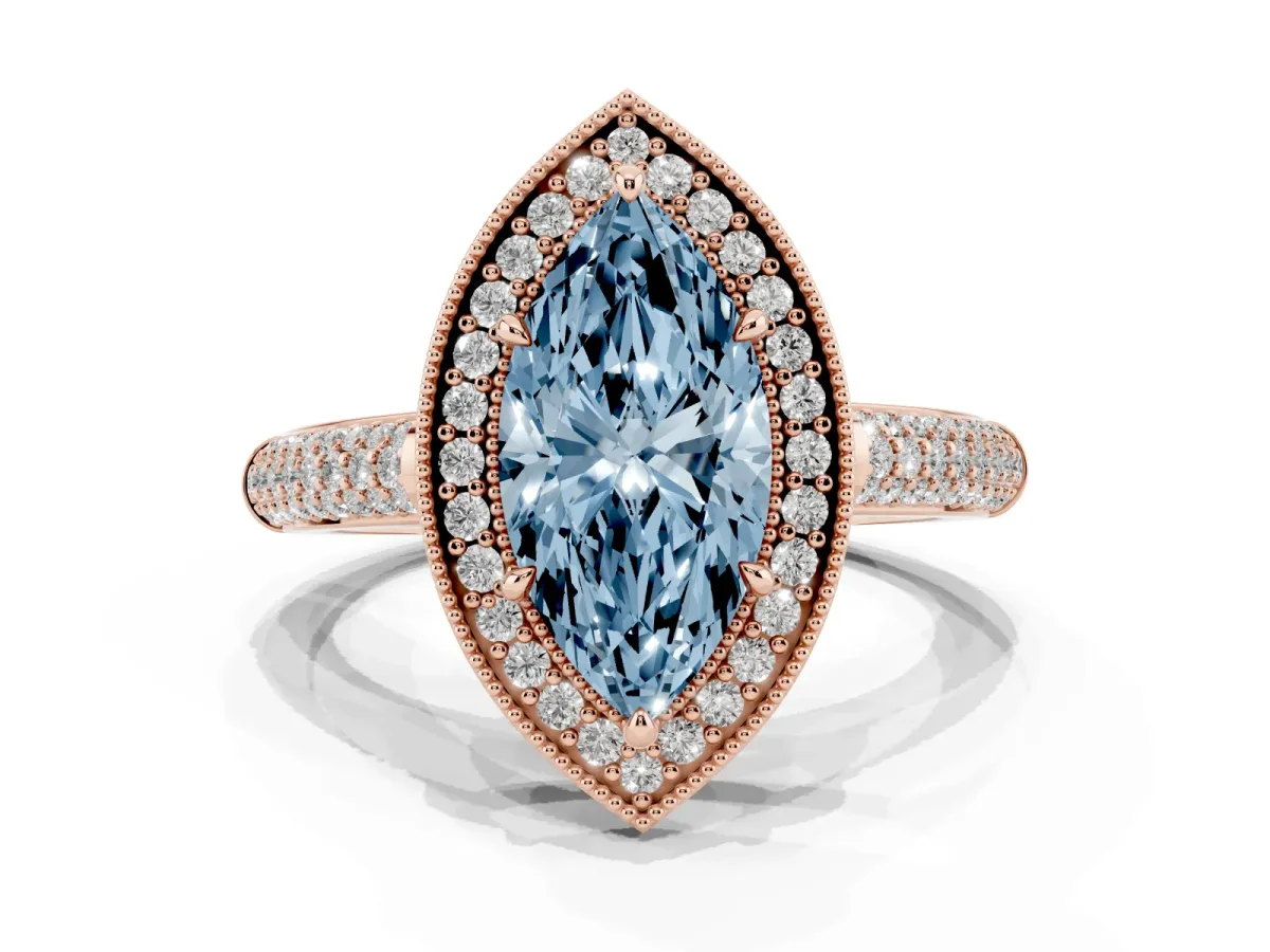 Fancy Blue Marquise Cut Cut Halo Diamond Pave Band with Four-Prong Setting Rose gold