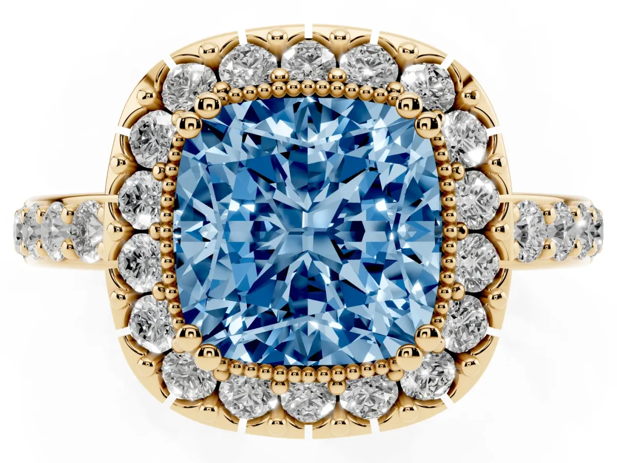 Fancy Blue Cushion Cut Diamond Halo Ring with Pavé Band and Prong Setting Yellow gold