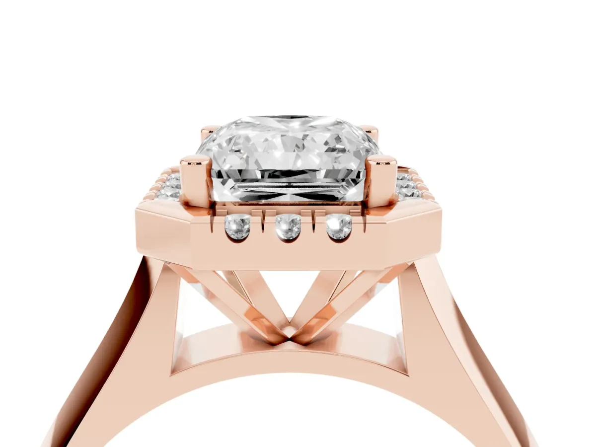 Radiant Cut Cut Halo Solitaire Engagement Ring with Square Band and Four-Prong Setting Rose gold