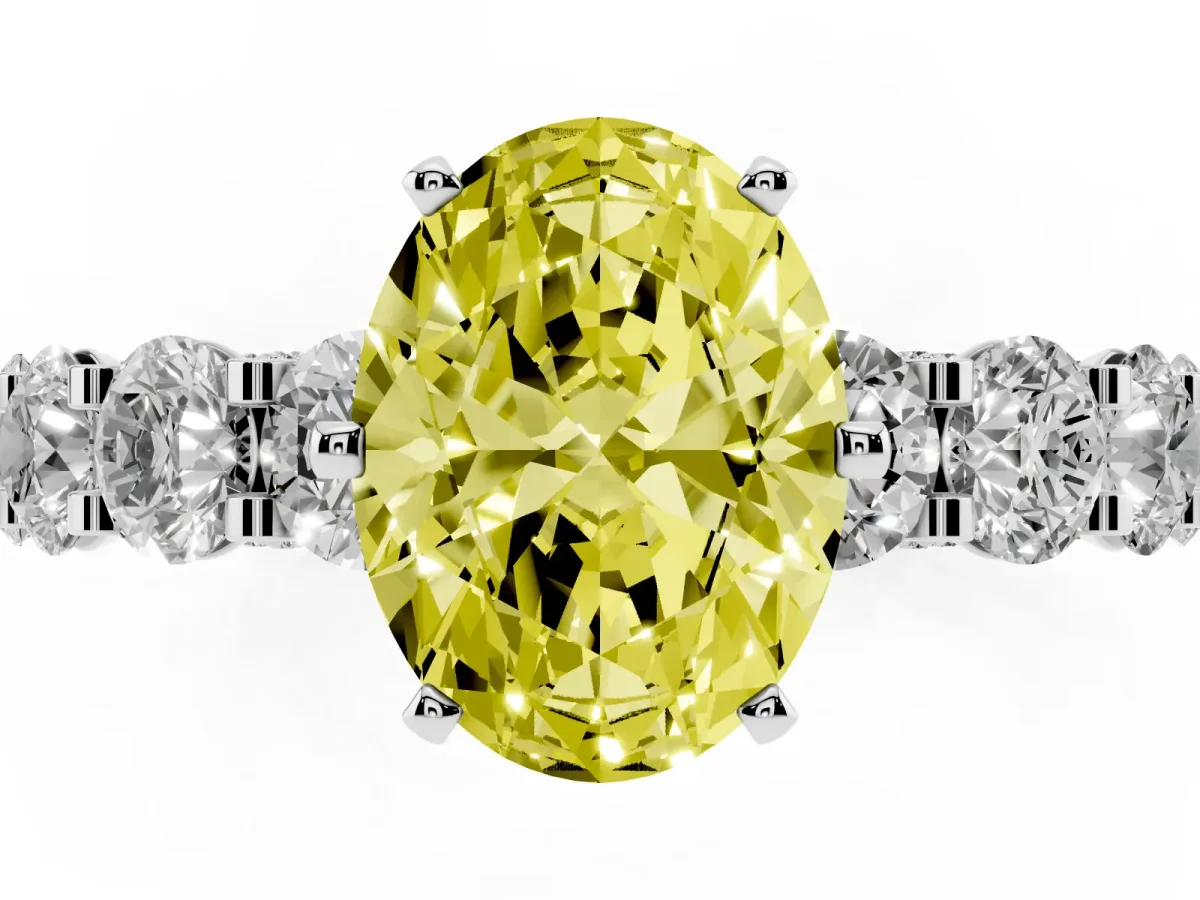 Fancy Yellow Oval Cut Diamond Side Stone Engagement Ring with Four-Prong Setting Platinum
