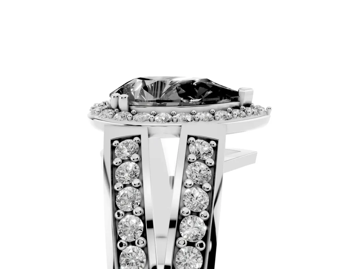 Fancy Black Pear Cut Diamond Halo Ring with Split Shank Pavé Band and Four-Prong Setting Silver