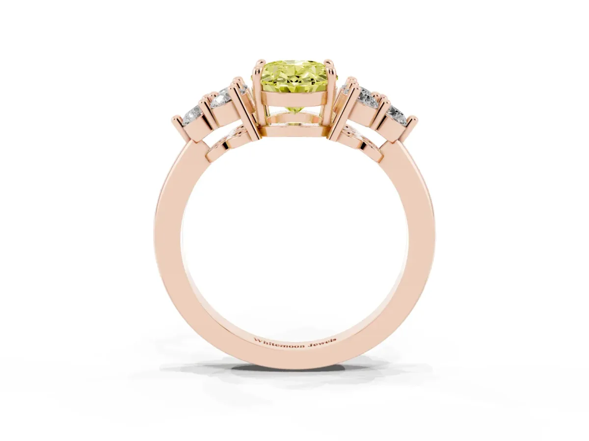 Fancy Yellow Oval Cut Brilliant Diamond Cluster Accent Solitaire Ring with Prong Setting Rose gold
