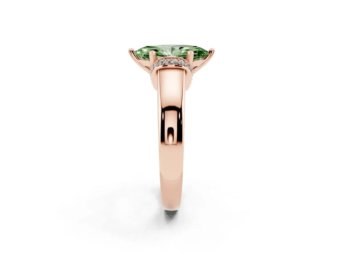 Fancy Green Marquise Cut Solitaire Diamond Ring with Pave Band and Six-Prong Setting Rose gold
